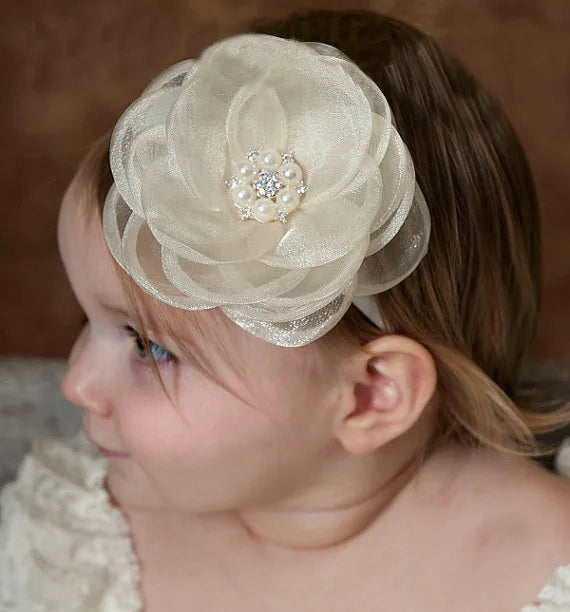 Boutique, diadema de flores de gasa de gran tamaño para niña, accesorios para el cabello, diadema de nailon con perlas de diamante para recién nacido, turbante para bebé bonito