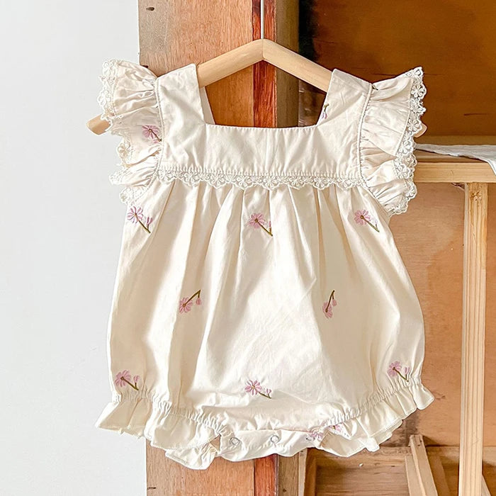 Mono para niñas recién nacidas, monos con bordado de flores de algodón y manga voladora, ropa para niñas pequeñas para verano