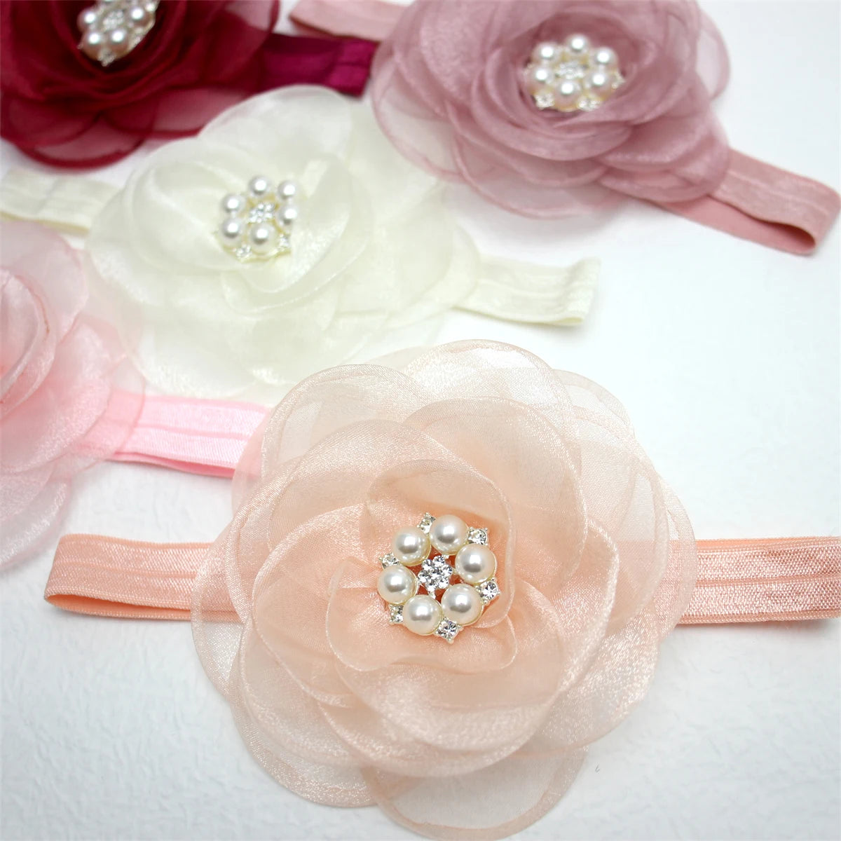 Boutique, diadema de flores de gasa de gran tamaño para niña, accesorios para el cabello, diadema de nailon con perlas de diamante para recién nacido, turbante para bebé bonito