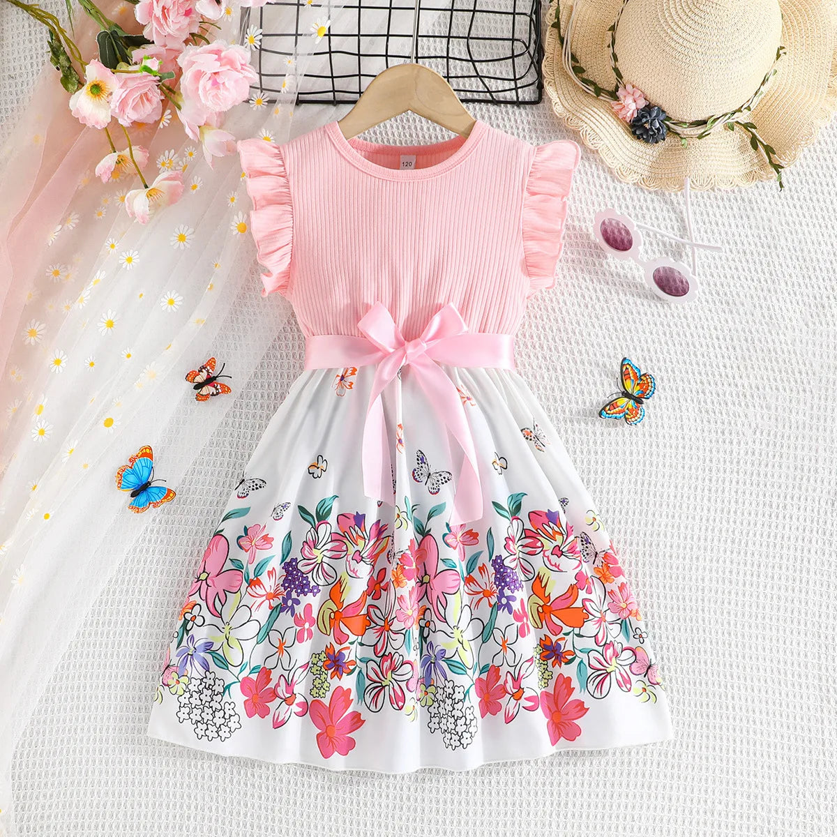 2025 New Summer Korean Style Cute Printed Bow Casual Dress for Girls Birthday Party Baby Girl Clothes 2-10 Years