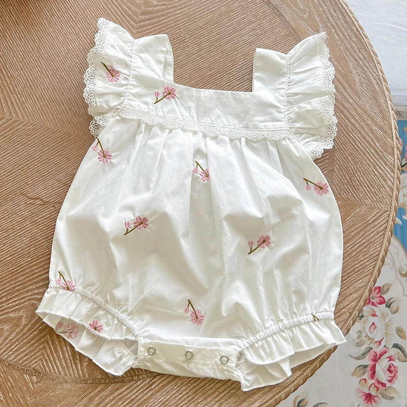 Mono para niñas recién nacidas, monos con bordado de flores de algodón y manga voladora, ropa para niñas pequeñas para verano