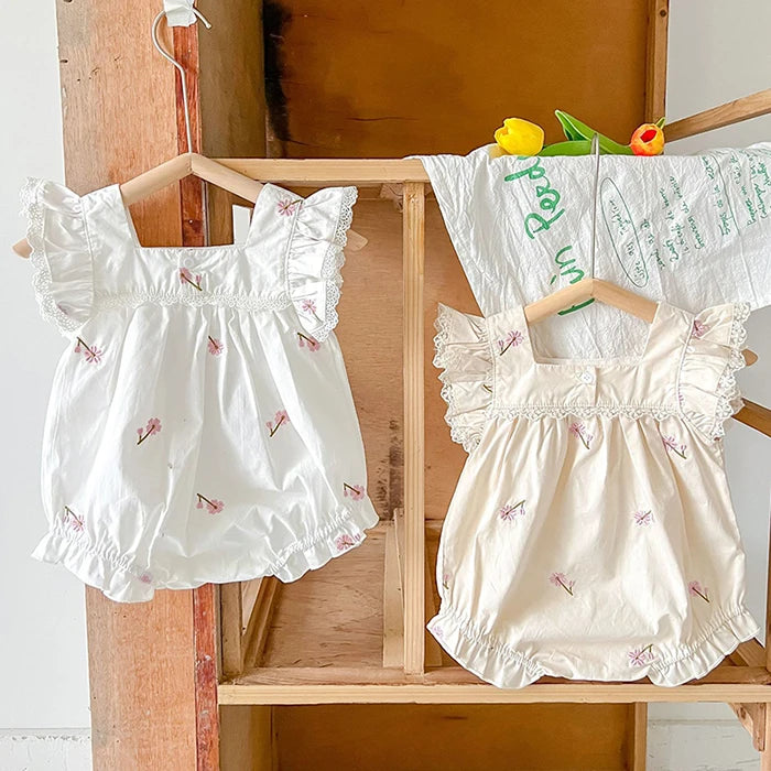Mono para niñas recién nacidas, monos con bordado de flores de algodón y manga voladora, ropa para niñas pequeñas para verano