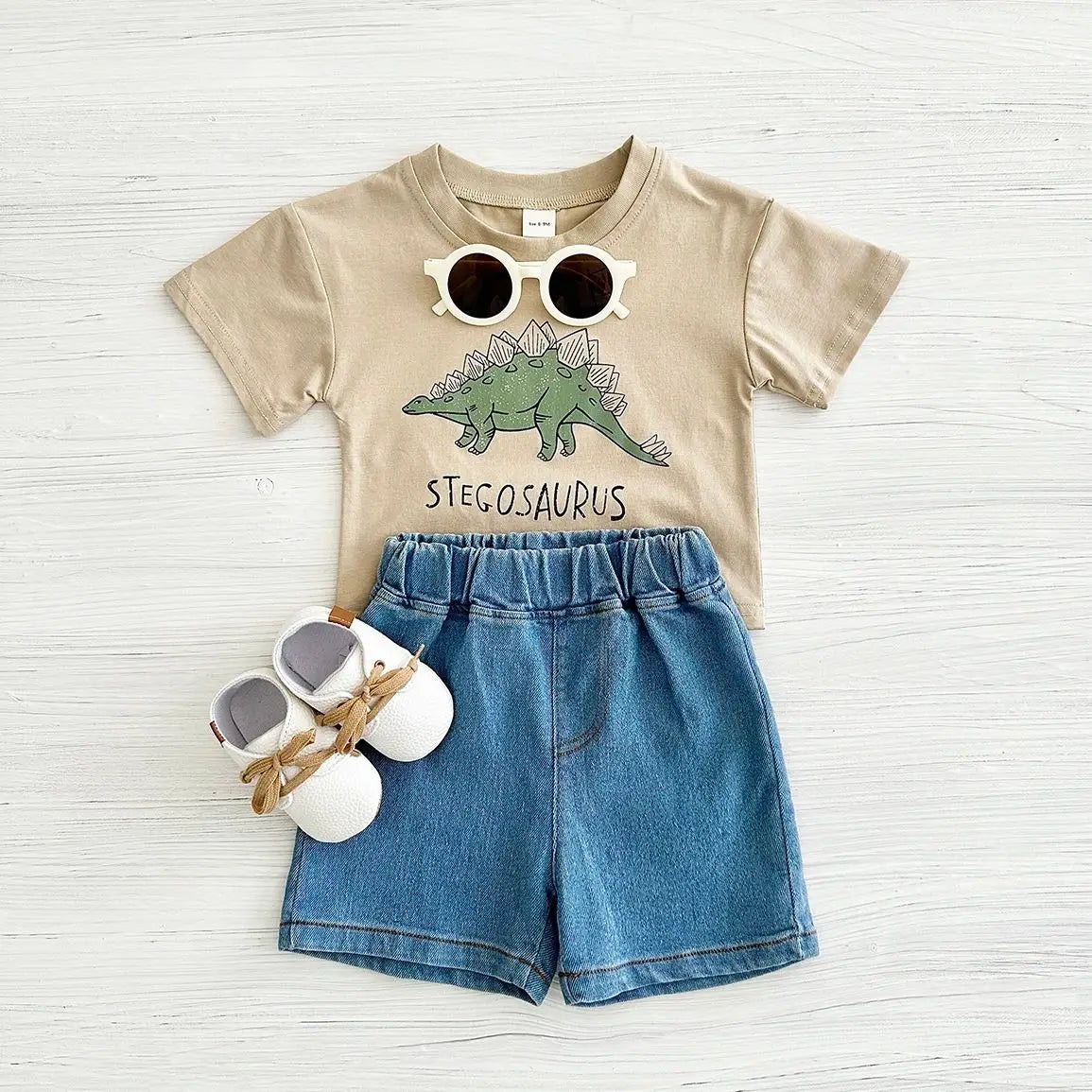 2024 Newborn Baby Boys Clothing Summer Set Cartoon Dinosaur Print Cotton Short Sleeved Denim Shorts Girl Clothes 0-3 Years