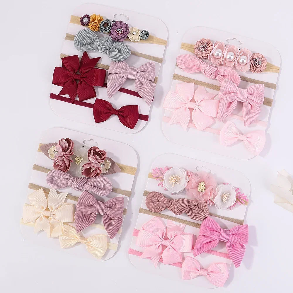 5 unids/lote, diadema elástica de nailon para bebé, banda para la cabeza con lazo de encaje y flores para recién nacido, accesorios suaves para el cabello para niña pequeña