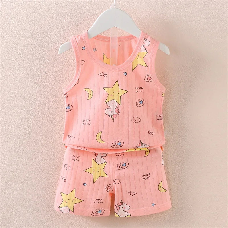 Pijamas de verano para niños, chaleco + Pantalones cortos, conjunto de ropa de 2 piezas, ropa informal de algodón con dibujos de León y jirafa para niños y niñas de 0 a 4 años