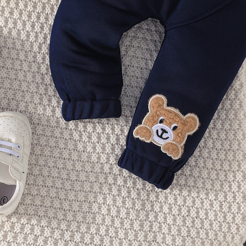 Terno para niño de 3 a 24 meses, camiseta de manga larga con estampado de oso de dibujos animados, pantalones azul marino, conjunto de ropa infantil