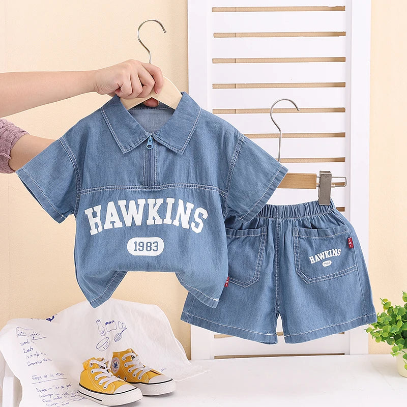 Nuevos conjuntos de ropa vaquera de verano para niños, camiseta Lerrer de dibujos animados a la moda para niños, pantalones cortos, 2 uds., trajes informales para bebés