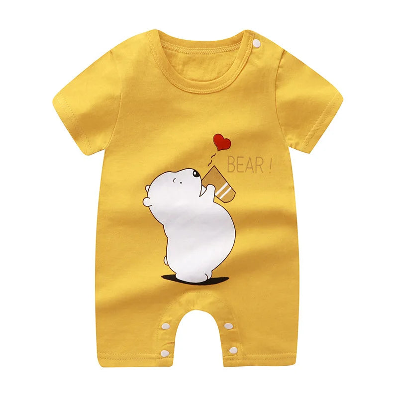 Nueva ropa de verano para bebés recién nacidos, niños y niñas, sección de impresión de dibujos animados de manga corta, ropa de escalada con archivo abierto, mono para bebé