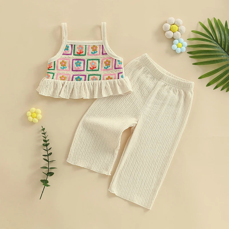 Pudcoco, conjunto de verano para niña pequeña con estampado de flores, tirantes finos con volantes, Tops sin mangas, pantalones de pierna ancha, conjunto de 2 uds 6M-4T
