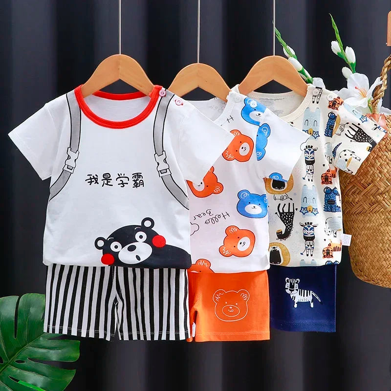 2025 nuevo estilo coreano niños trajes de manga corta de algodón verano niñas niños camisetas conjunto de dos piezas ropa infantil para bebés