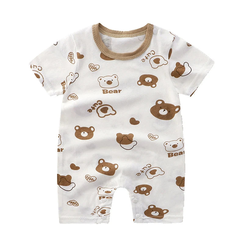 Nueva ropa de verano para bebés recién nacidos, niños y niñas, sección de impresión de dibujos animados de manga corta, ropa de escalada con archivo abierto, mono para bebé
