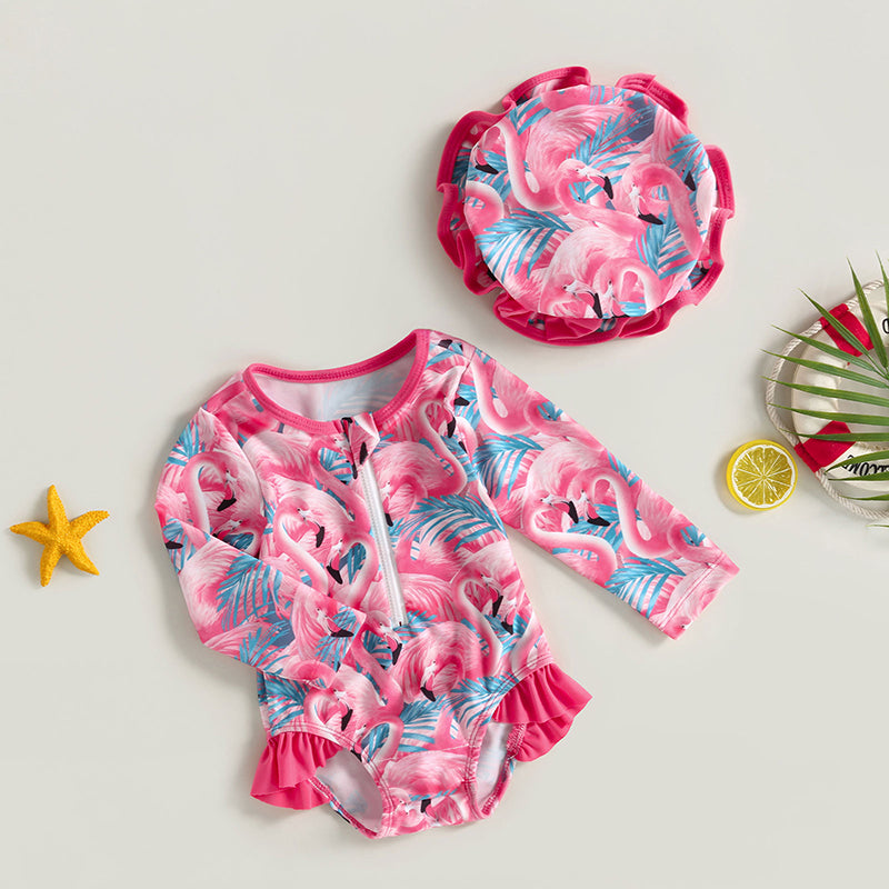 Traje de baño de manga larga para bebé y niña pequeña, Bañador con estampado de fresas y sombrero para el sol, 6M-3T