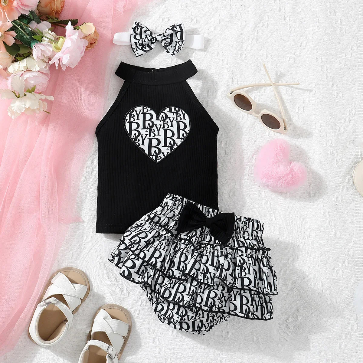 Conjunto de pantalones triangulares con lazo de encaje doble para recién nacido, Top sin mangas con estampado de marca Lmitation informal bonito de verano para recién nacido
