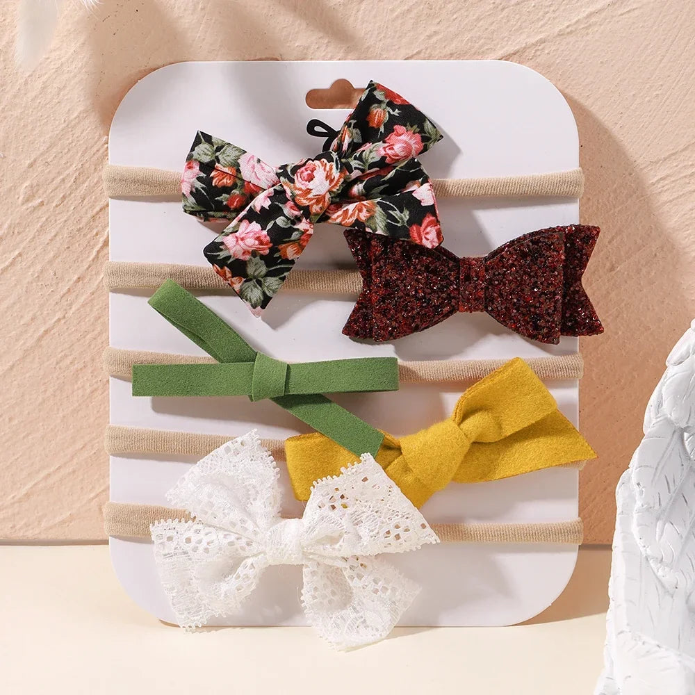 5 unids/lote, diadema elástica de nailon para bebé, banda para la cabeza con lazo de encaje y flores para recién nacido, accesorios suaves para el cabello para niña pequeña