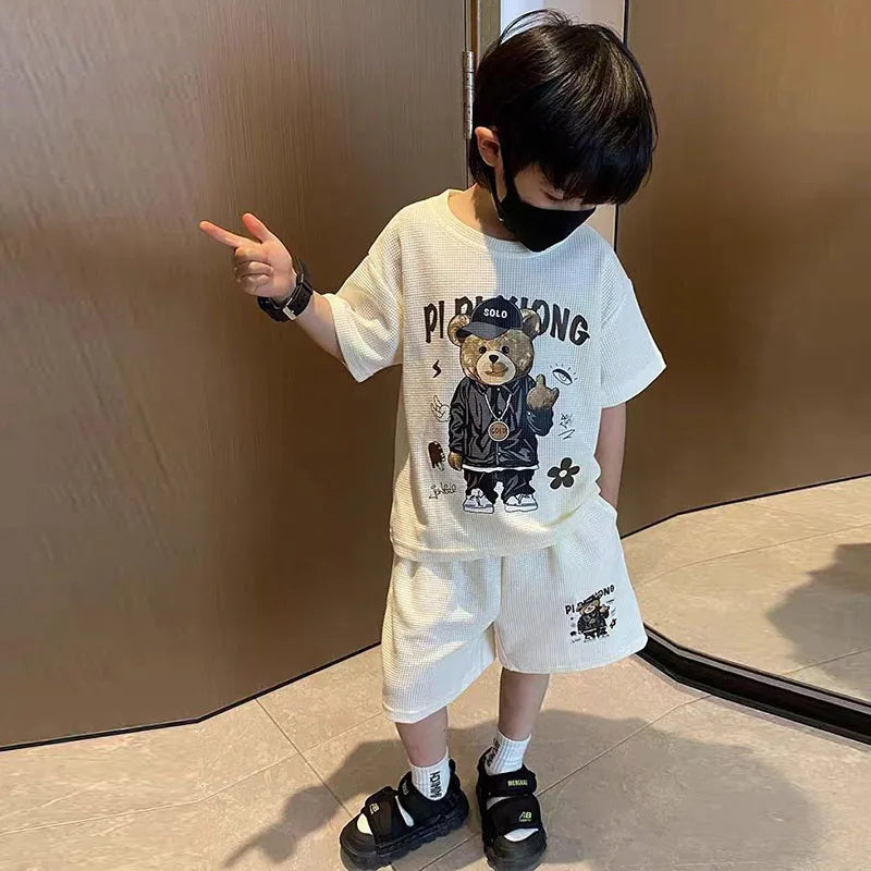 Camiseta y pantalones cortos de estilo coreano para niños de 1 a 12 años, conjuntos de ropa de 2 piezas, traje deportivo informal de verano con Oso de dibujos animados, a la moda