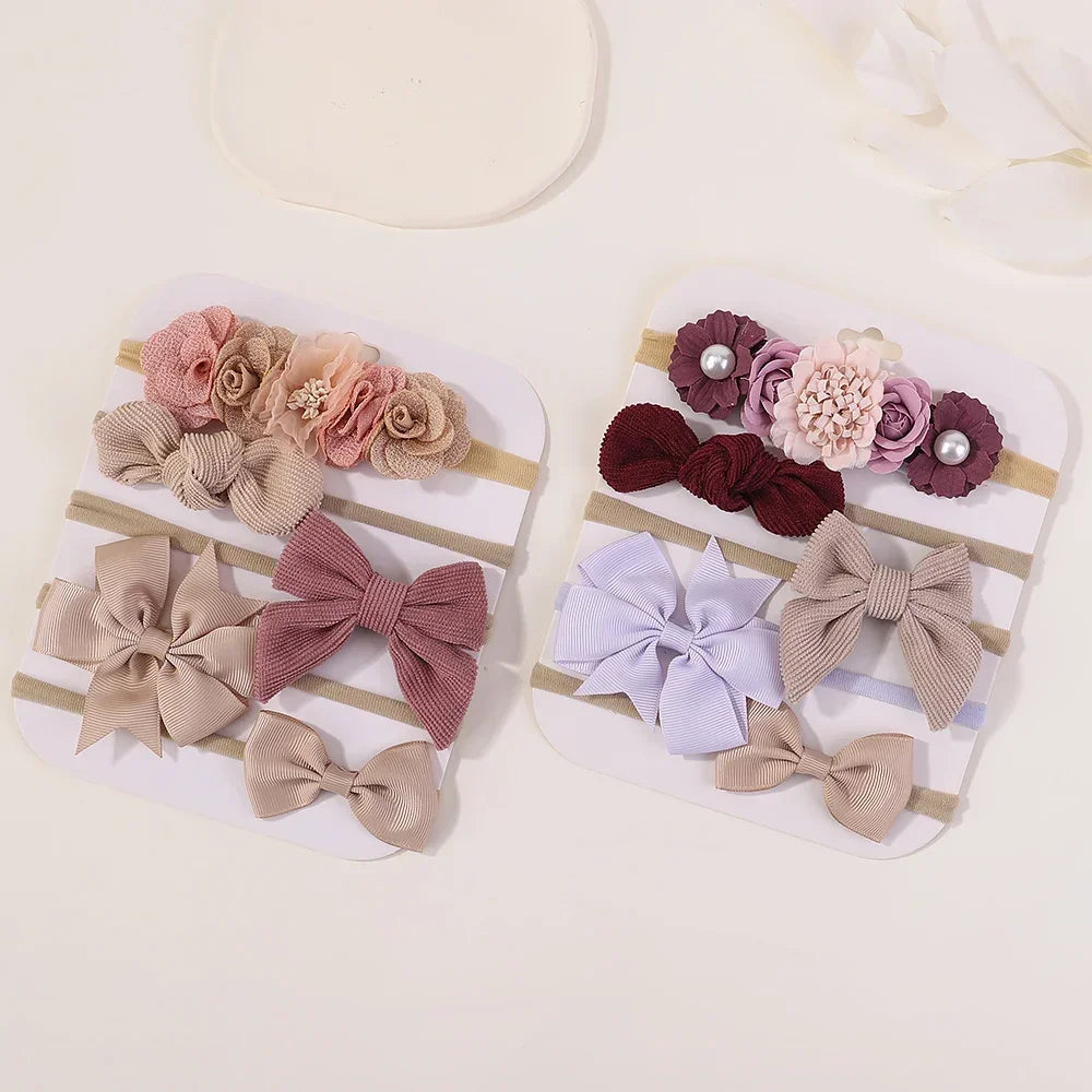 5 unids/lote, diadema elástica de nailon para bebé, banda para la cabeza con lazo de encaje y flores para recién nacido, accesorios suaves para el cabello para niña pequeña