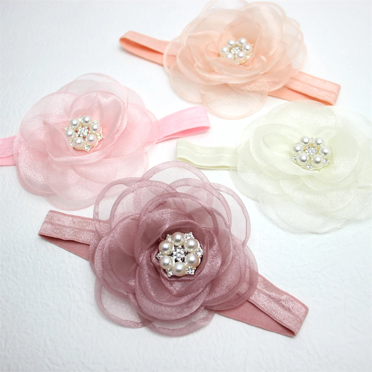 Boutique, diadema de flores de gasa de gran tamaño para niña, accesorios para el cabello, diadema de nailon con perlas de diamante para recién nacido, turbante para bebé bonito