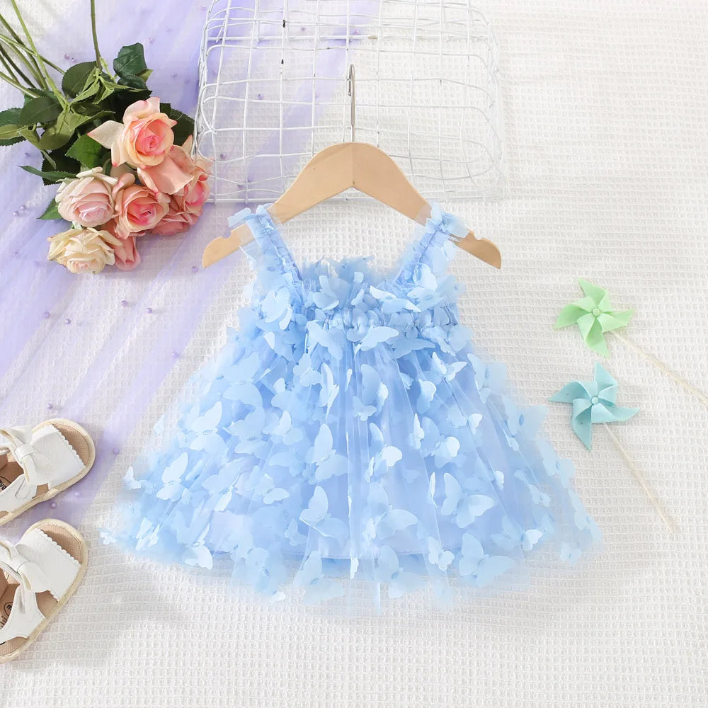 (0-3 años) novedad de verano, vestido para niñas, Color sólido, Halter, mariposa adornada, falda acampanada, vestido de princesa dulce de malla