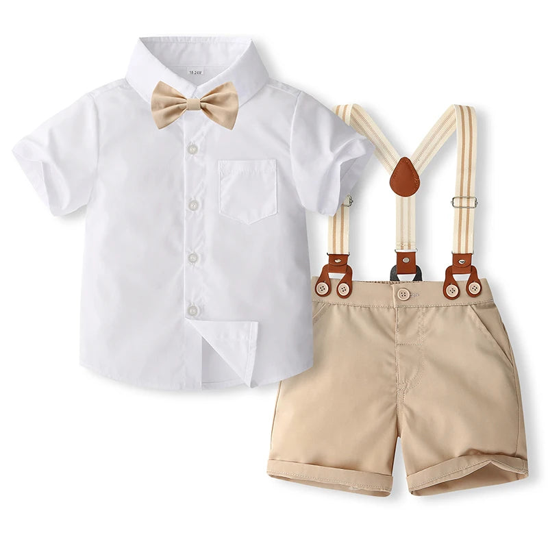 Pudcoco, trajes de caballero para niños pequeños, camiseta de manga corta, pantalones con pechera, pantalones cortos, pajarita, conjunto de 3 uds de verano 1-5T