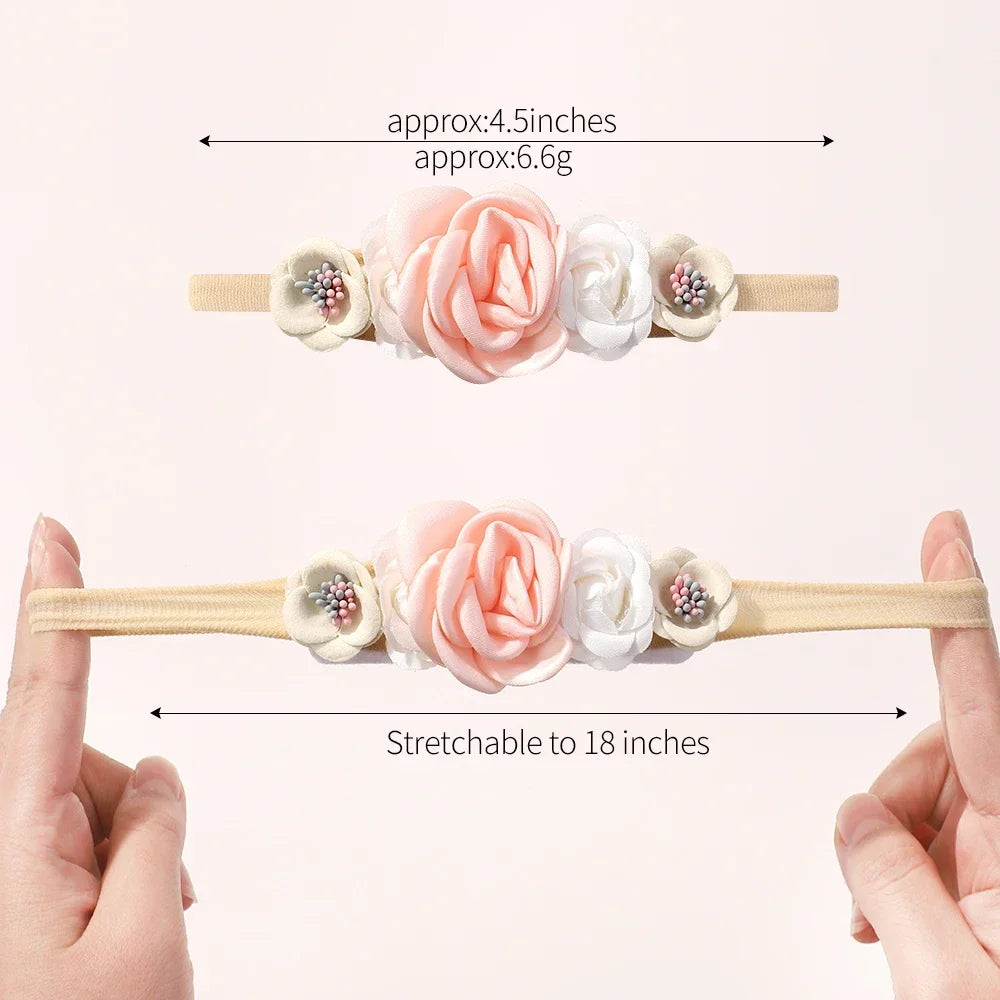 5 unids/lote, diadema elástica de nailon para bebé, banda para la cabeza con lazo de encaje y flores para recién nacido, accesorios suaves para el cabello para niña pequeña