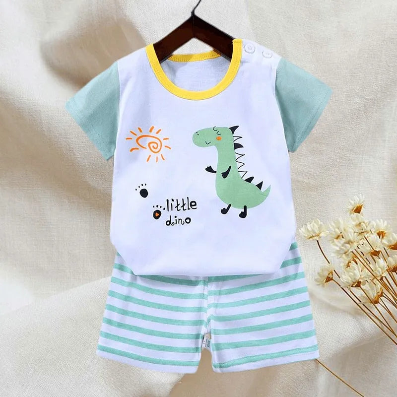 Camisetas de algodón + Pantalones cortos, conjunto de chándal de 2 piezas, traje de verano con estampado de dinosaurio y cebra de dibujos animados para niños y niñas, ropa para bebés de 1 a 6 años
