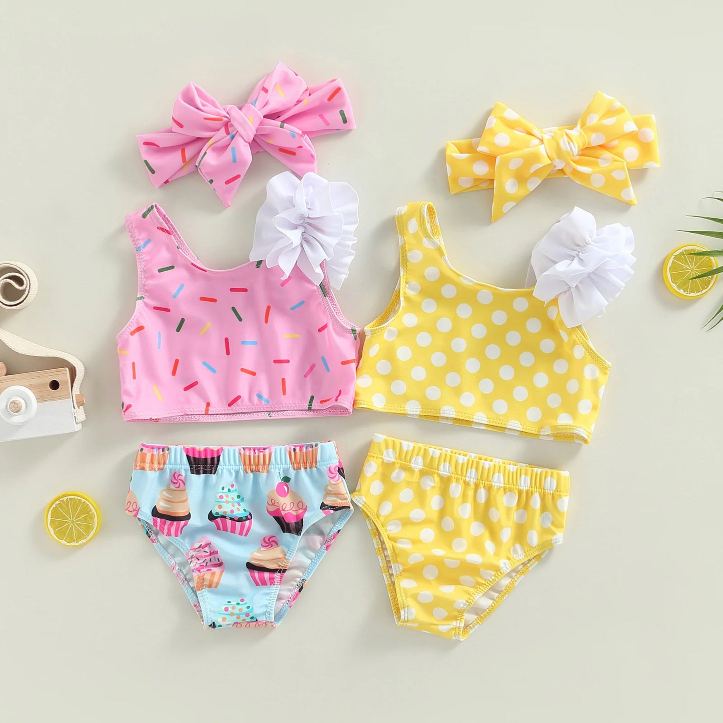 Citgeett Traje de baño de verano para niñas, sin mangas, con estampado de pastel, ropa de playa + pantalones cortos, conjunto de ropa