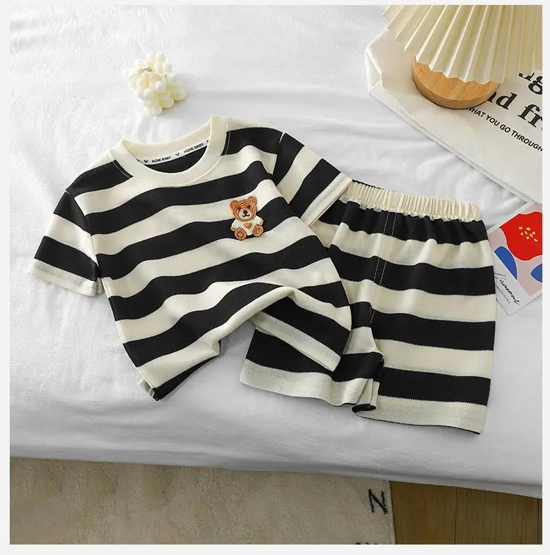Ropa para niños, traje de manga corta para niños, Top a rayas + Pantalones cortos, camiseta de 2 piezas, ropa de verano para bebés, ropa para niños y niñas
