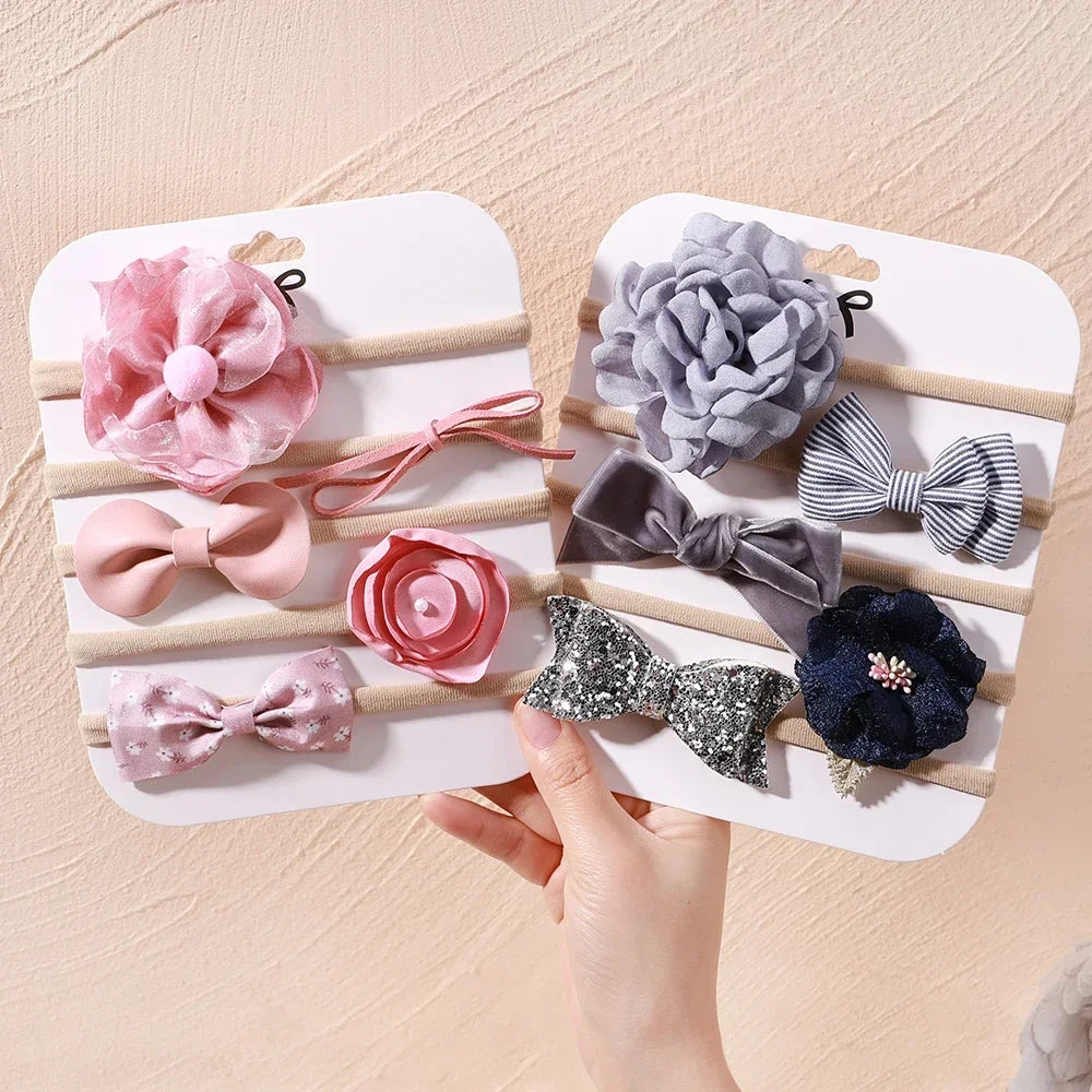 5 unids/lote, diadema elástica de nailon para bebé, banda para la cabeza con lazo de encaje y flores para recién nacido, accesorios suaves para el cabello para niña pequeña