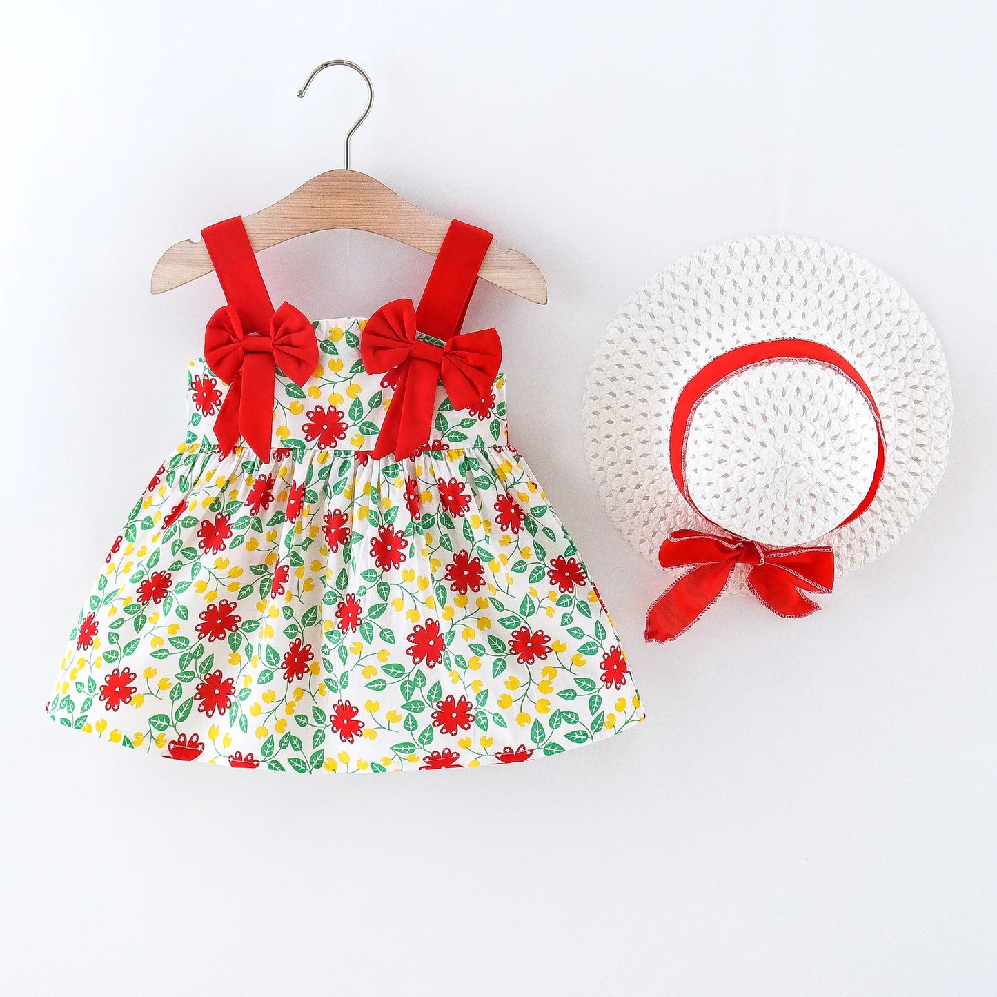 Vestido de verano para niña pequeña, versión coreana vestido Floral, elegante, algodón, pajarita, sombrero incluido