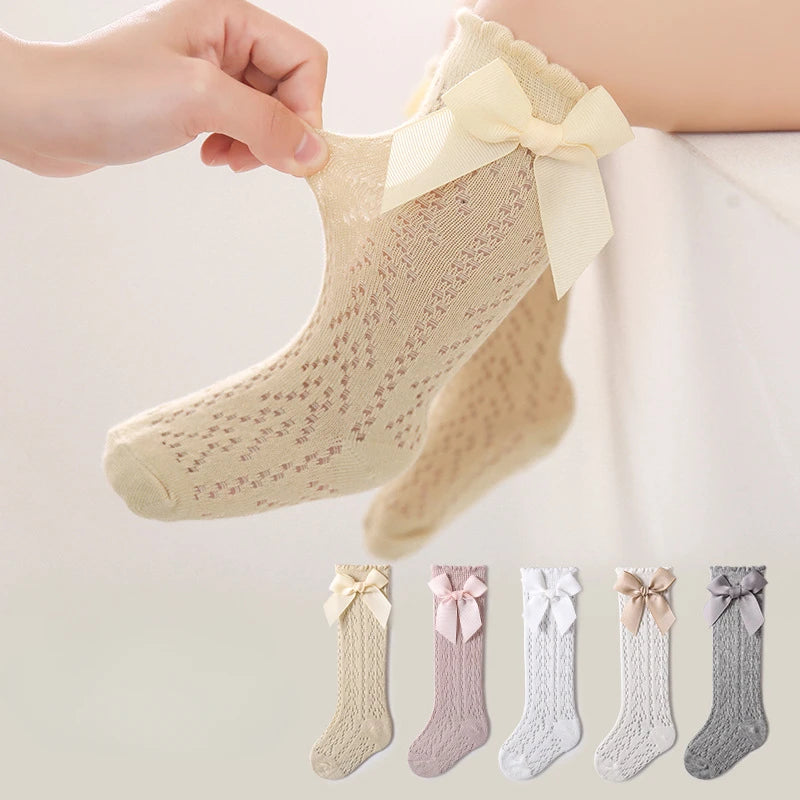 Calcetines de verano para niñas pequeñas, calcetín largo con lazo para niños hasta la rodilla, medias de malla de algodón suave, calcetines de encaje calados de estilo español de 0 a 3 años
