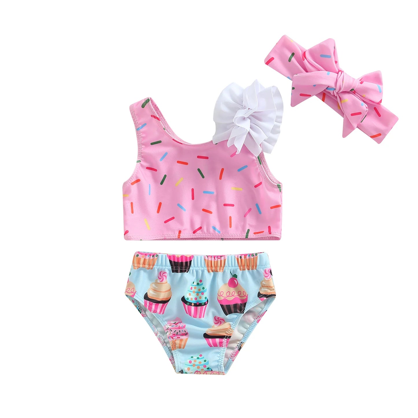 Citgeett Traje de baño de verano para niñas, sin mangas, con estampado de pastel, ropa de playa + pantalones cortos, conjunto de ropa