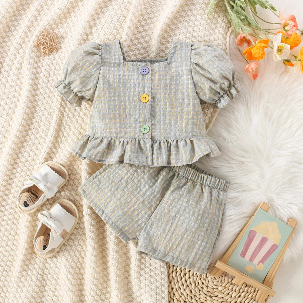 Conjunto de dos piezas de algodón a cuadros para niña, Top de manga de burbuja y pantalones cortos, estilo princesa, verano, 0 a 3 años