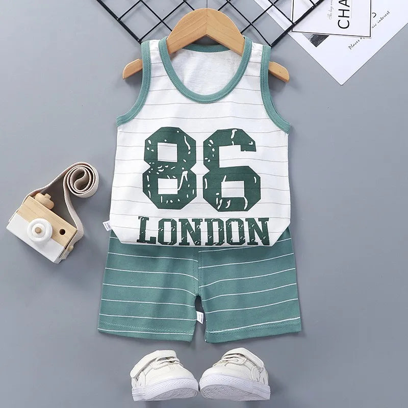 Conjunto de 2 piezas de chaleco y pantalones cortos transpirables de algodón para niños y niñas, chándal de verano con estampado de dibujos animados, ropa informal, traje de 1 a 6 años