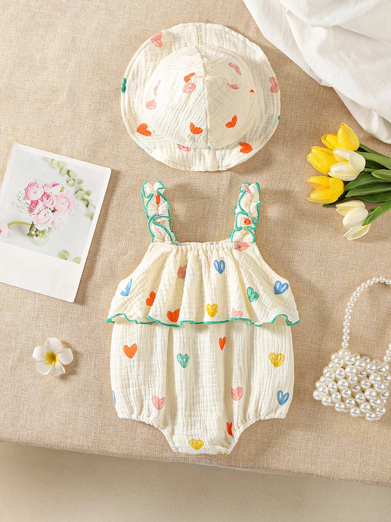 Body con tirantes de verano para niñas de 0 a 2 años, ropa infantil de una pieza con estampado de corazón, mono sin mangas con sombrero