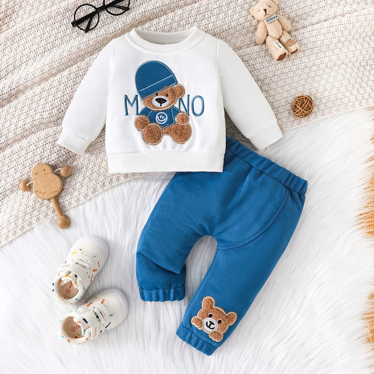 Terno para niño de 3 a 24 meses, camiseta de manga larga con estampado de oso de dibujos animados, pantalones azul marino, conjunto de ropa infantil