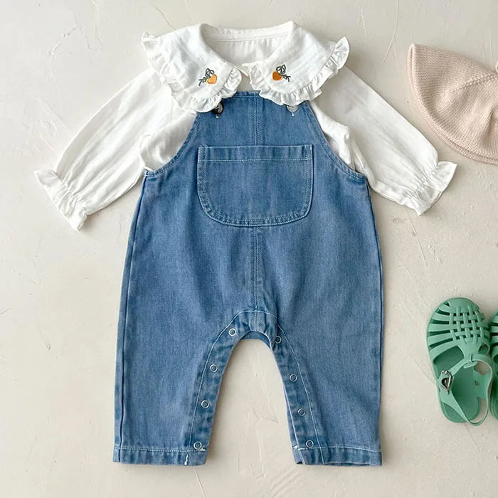 Traje de ropa para niños, conjunto de ropa para niñas pequeñas, camisa bordada de manga larga + mono vaquero, traje de ropa de otoño y primavera