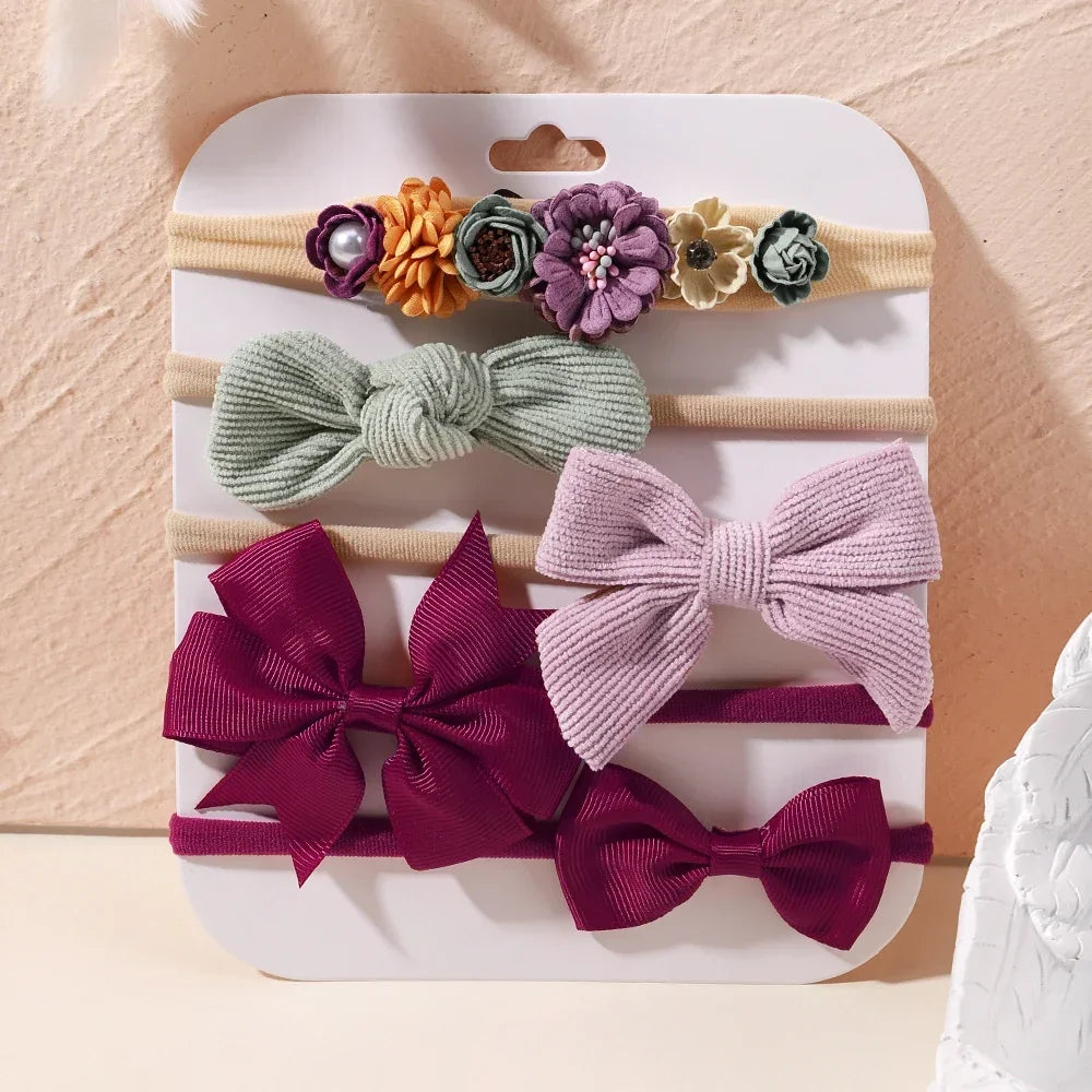 5 unids/lote, diadema elástica de nailon para bebé, banda para la cabeza con lazo de encaje y flores para recién nacido, accesorios suaves para el cabello para niña pequeña