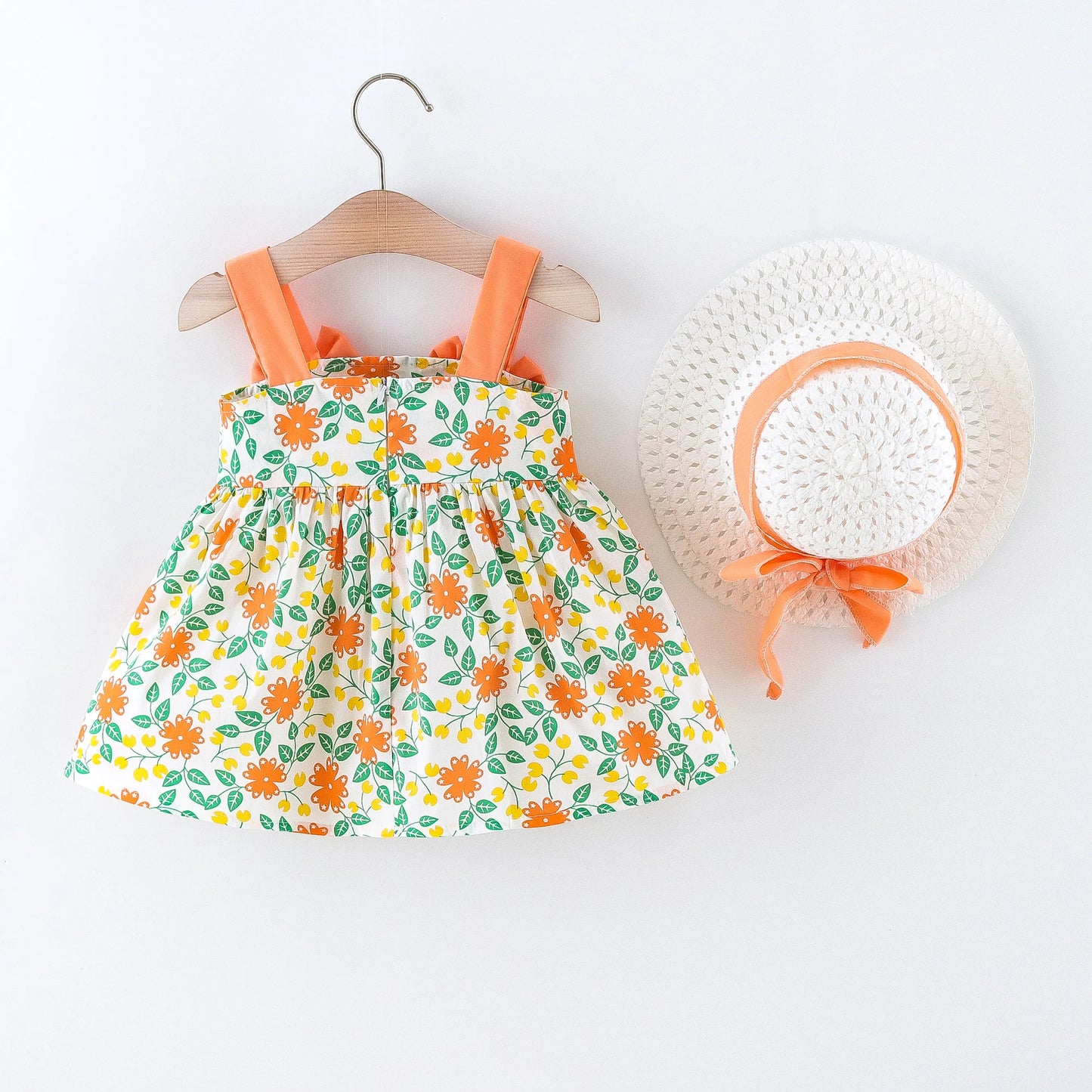 Vestido de verano para niña pequeña, versión coreana vestido Floral, elegante, algodón, pajarita, sombrero incluido