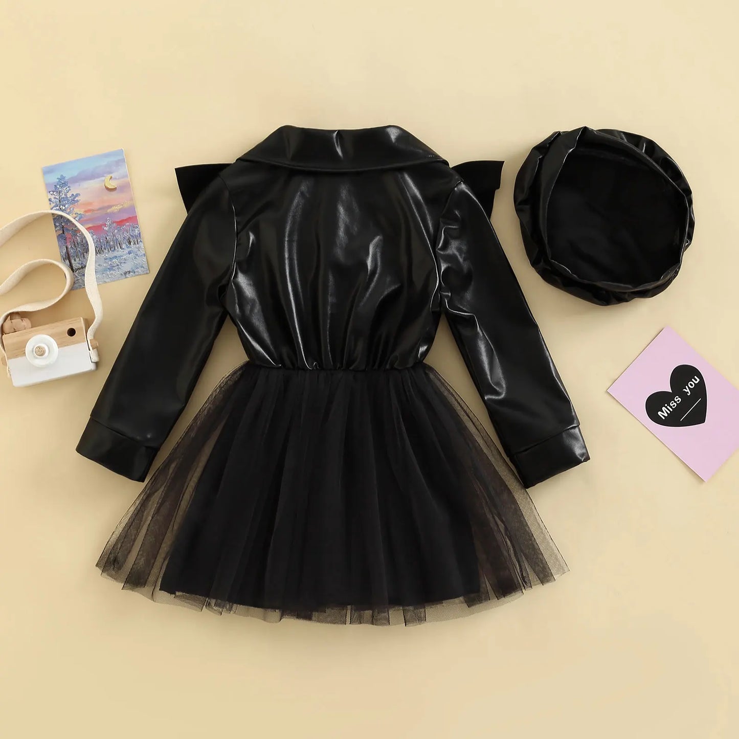 Vestido acampanado de manga larga con solapa de cuero PU para niñas pequeñas, vestido de retazos de tul con sombrero, 3-7T, primavera y otoño