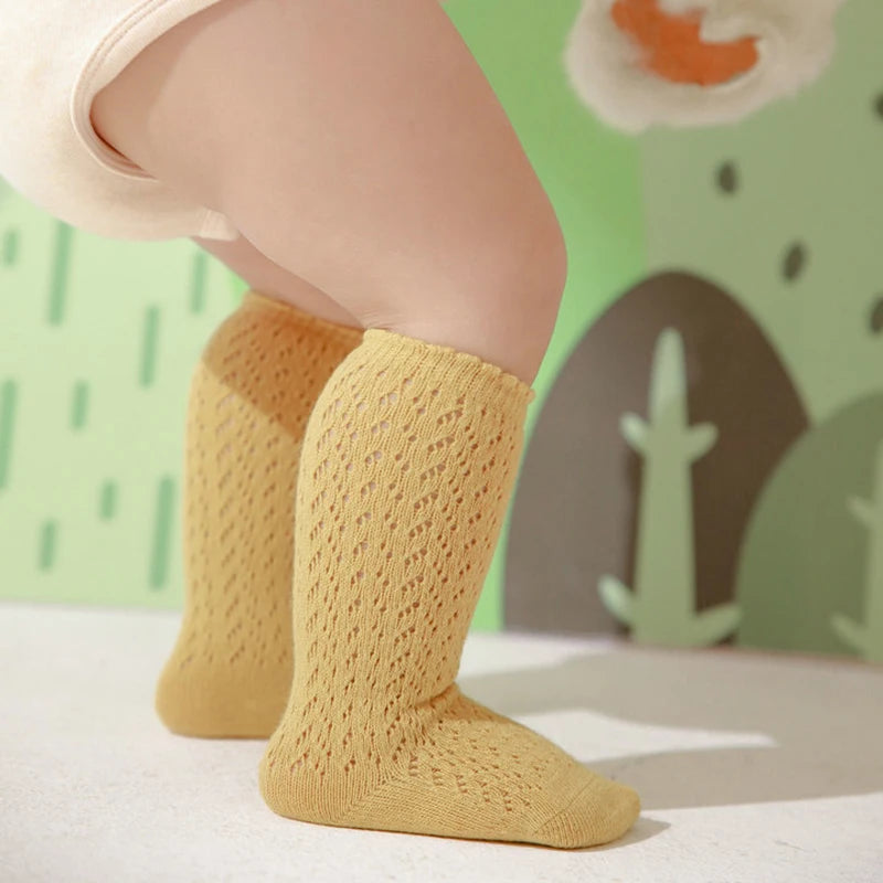 Calcetines de malla de punto para niñas pequeñas, medias de tubo largo hasta la rodilla, suaves, de algodón, para verano