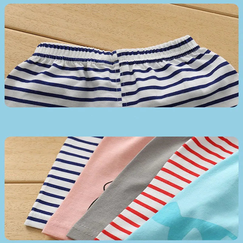 Verano niños niño 2 uds pantalones cortos de algodón suave ropa Casual transpirable niños niña bebé raya de dibujos animados deportes playa medio pantalón 2-5 Y