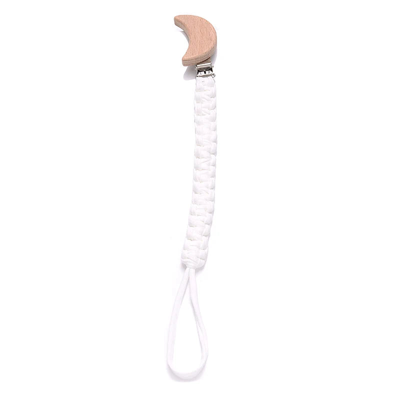 Cadena de chupete de bebé de tela de algodón de ganchillo Simple, Clip de madera de haya con forma de corazón y Luna para bebé hecho a mano, cadena para chupete, juguete para la dentición
