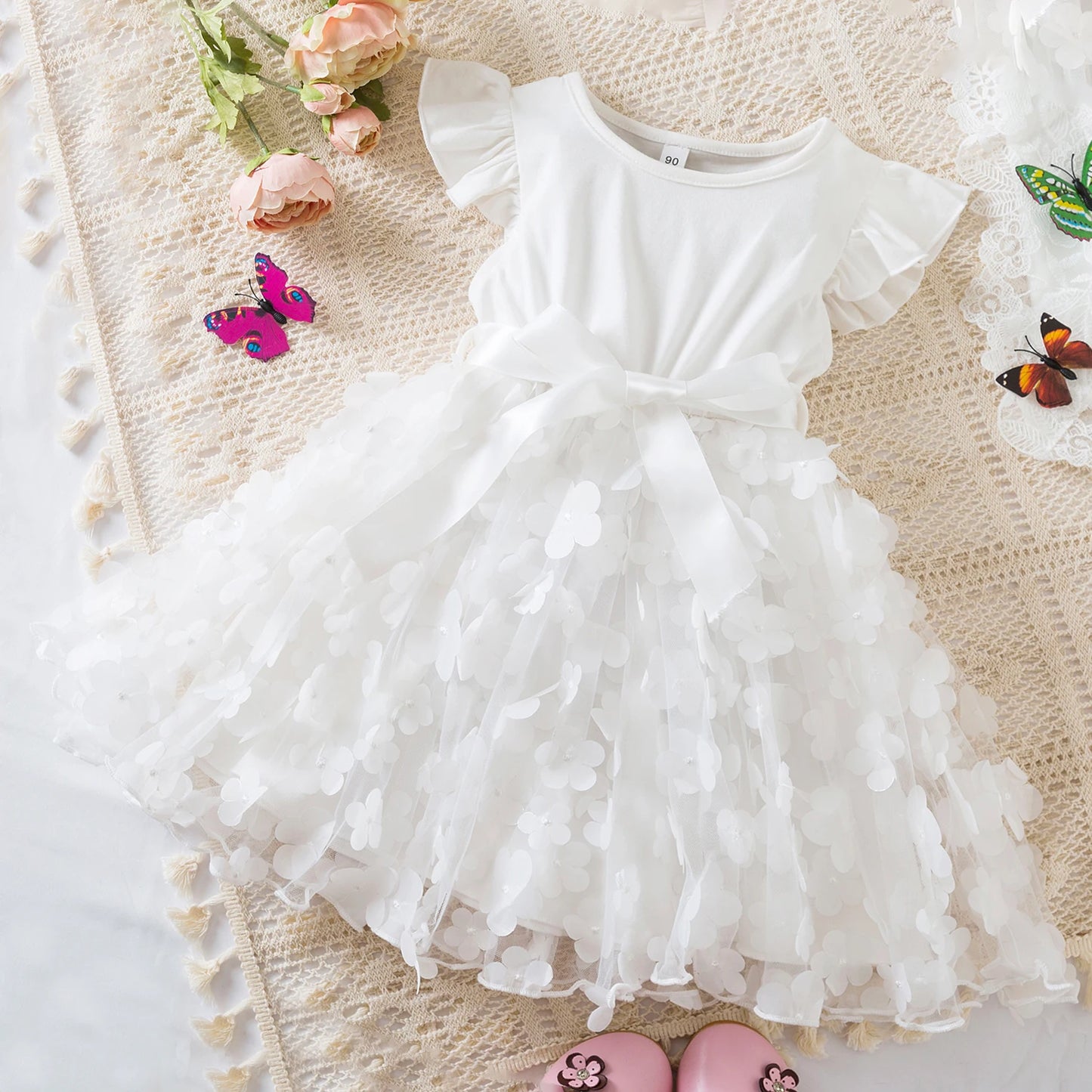 2024 New Summer Dress for Girls 2 to 6 Yrs Butterfly Cute Kid's Birthday Princess Dress Solid Elegant Wedding Party Dress