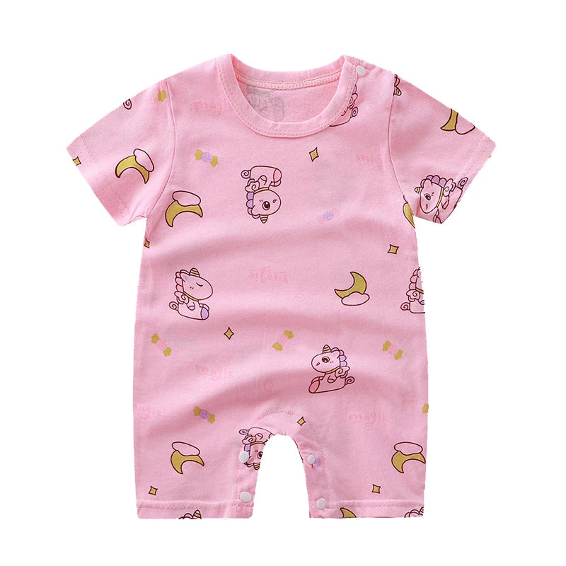 Nueva ropa de verano para bebés recién nacidos, niños y niñas, sección de impresión de dibujos animados de manga corta, ropa de escalada con archivo abierto, mono para bebé
