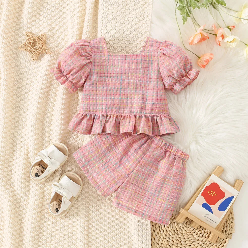 Conjunto de dos piezas de algodón a cuadros para niña, Top de manga de burbuja y pantalones cortos, estilo princesa, verano, 0 a 3 años