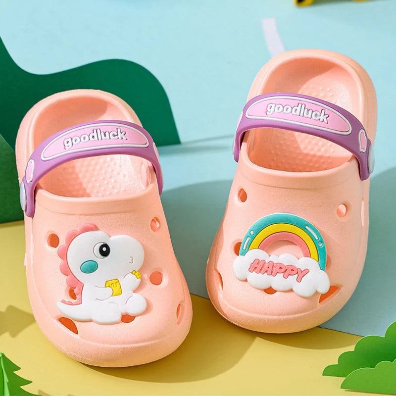 Zapatillas de baño para chico, sandalias de dinosaurio de dibujos animados, sandalias de verano para niño y niña, zapatillas antideslizantes de plástico suave para jardín