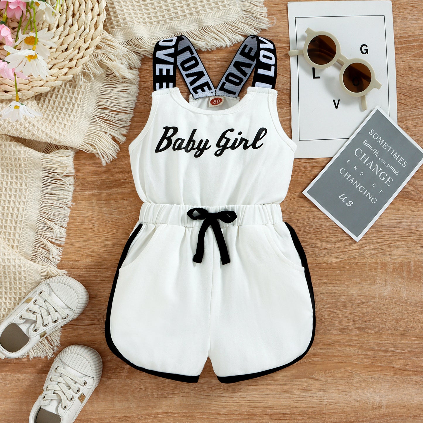 Pelele de verano para niñas pequeñas, sin mangas con cuello redondo y Mono corto estampado de letras, ropa de cintura elástica 9M-4T