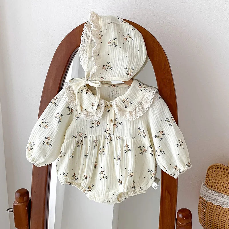 2025 primavera recién nacido bebé niñas mameluco + sombrero 2 uds solapa peleles florales niños moda ropa de bebé recién nacido niña mono
