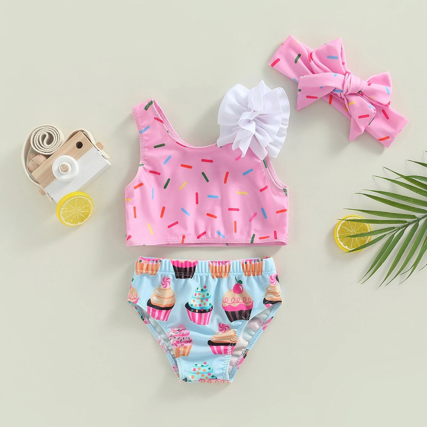 Citgeett Traje de baño de verano para niñas, sin mangas, con estampado de pastel, ropa de playa + pantalones cortos, conjunto de ropa