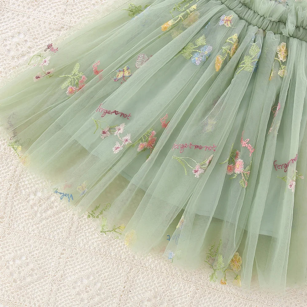 Lindo vestido de tirantes de malla para niñas pequeñas, vestido de princesa tutú de tul esponjoso, ropa informal de verano con bordado de flores para niñas pequeñas